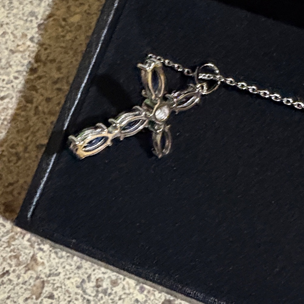 Marquis-cut Blue & White Sapphire Cross Necklace -Sterling Silver Authentic
-18” - Picture 3 of 15